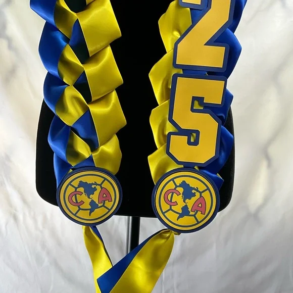 Graduation Lei Club America Made with  Blue and Yellow 1-1/2 inch Satin ribbon - Picture 3 of 4